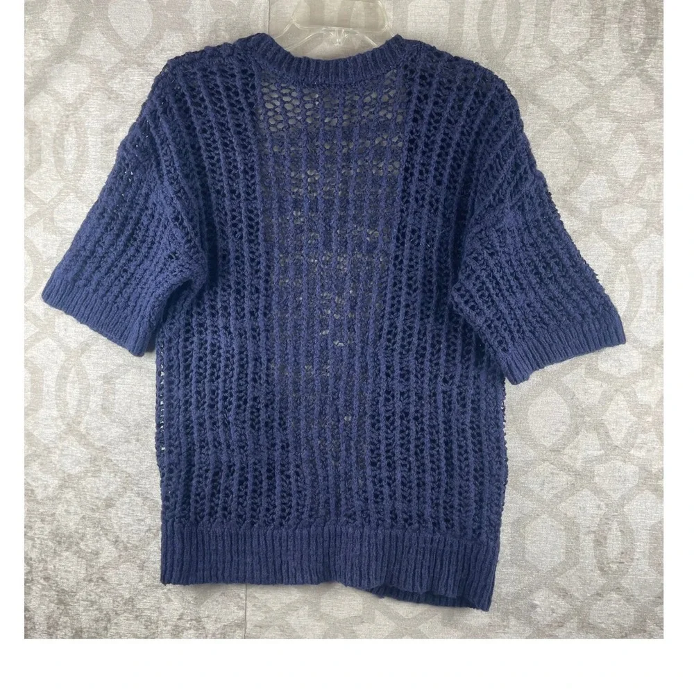 Free People Open Front Cardigan Womens XS Navy Blue Short Sleeve Crochet Knit